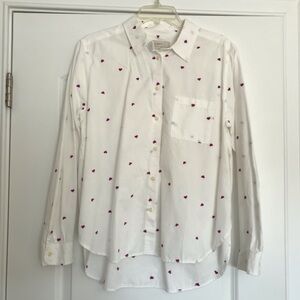LOFT White Blouse with Pink Heart Accents